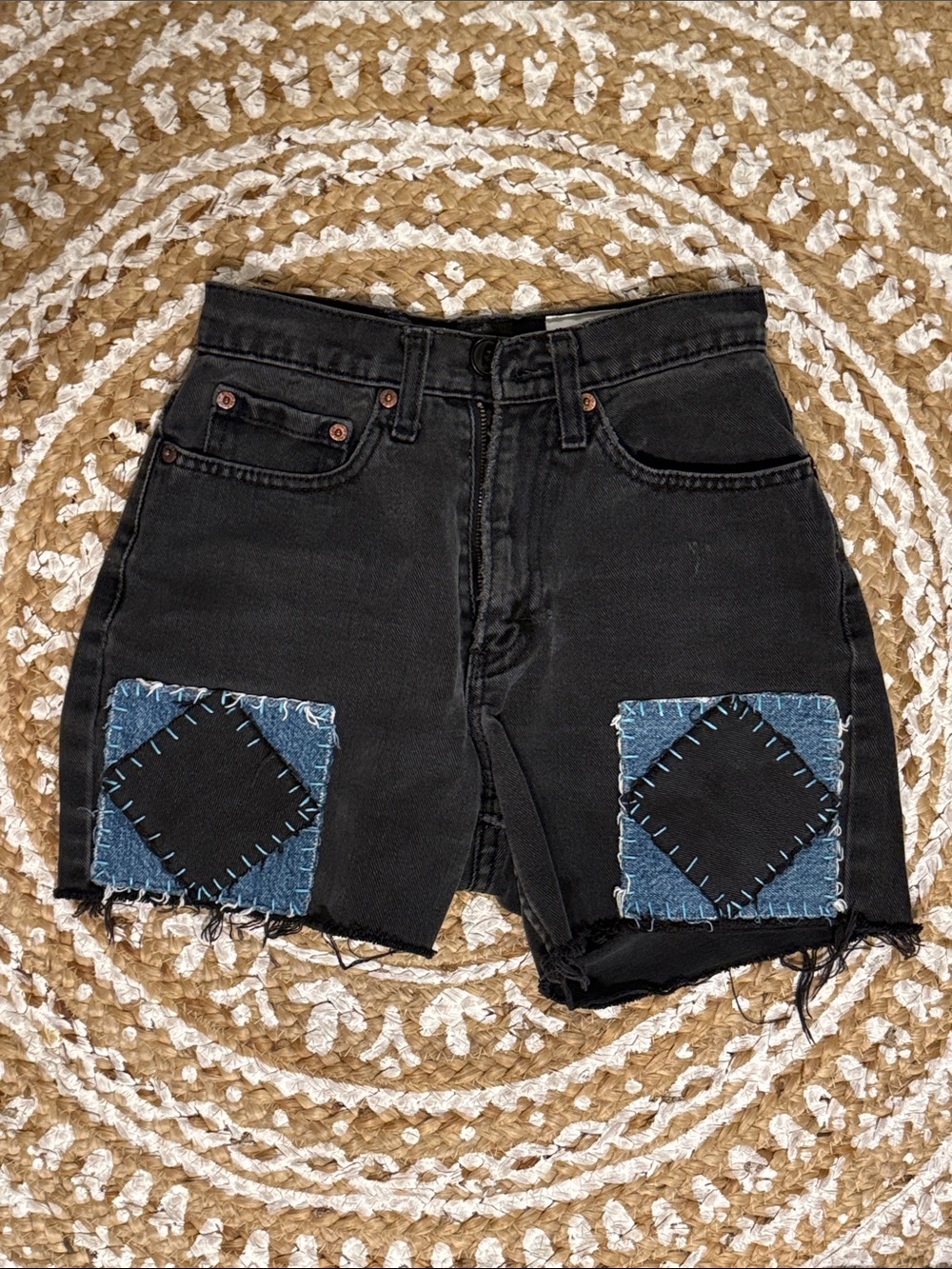 High-Waist Black Denim Patchwork Women's Shorts